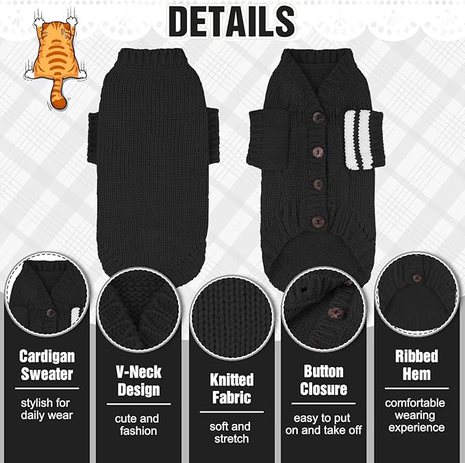 EXPAWLORER Cat Sweater Cardigan - Stylish Knitted Cat Clothes, British Style Soft Puppy Sweater with Sleeve Warm Pet Clothing Knitwear, Fall and Winter Kitten Coat for Girl Boy Cats, Black Small