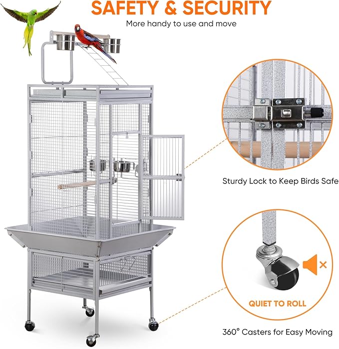 LEMY 61 Inch Bird Cage,Large Iron Flight Parakeet Cage with Play Top and Rolling Stand,White Indoor&Outdoor Use Birdcage for Parrots,Cockatiels,Conures,Lovebirds, Small Birds