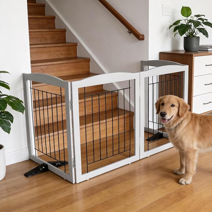 ZJSF Freestanding Dog Fence Indoor, Foldable Dog Gate for Doorways, Stairs or Hallways, Sturdy Wood Extra Wide Pet Gate with Support Feet for The House, Grey, 24 "Height-2 Panels