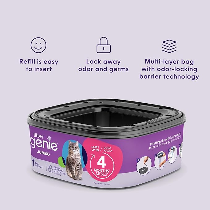 Litter Genie Refill Bags | Jumbo 6-Pack 168 total ft | Up to 24 months of supply in 6 cartridges | Ultimate Odor Control Cat Litter Bags