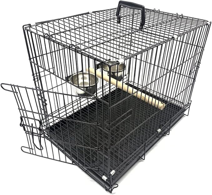 Large Durable Metal Travel or Veterinary Easy Collapsable Parrot Bird Carrier Beaks Proof Carrier Cage Easy Clean Pull Out Tray Stainless Steel Feeder Bowls Natural Wooden Perch