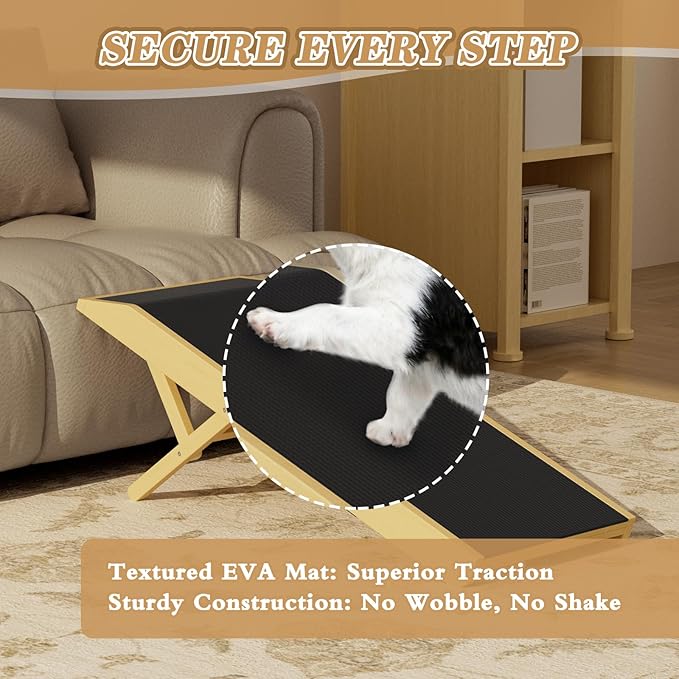 Dog Ramp for Couch - 4-Level Adjustable (8.6"-20.9") & Wider Foldable Pet Ramp for Small Dogs, Non-Slip EVA Mat with Glow Strips, Solid Birchwood Supports 200Lbs