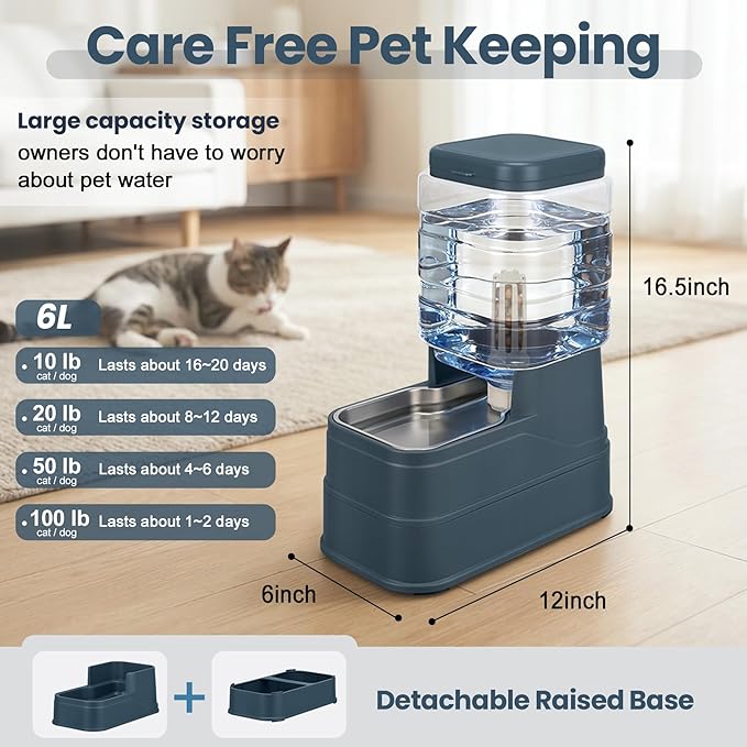 Automatic Dog Water Dispenser Gravity Stainless Steel Water Feeder Cat Waterer Feeder with Wide Mouth Bowl for Small Medium Dog Puppy Kitten (Filter &Ice Pack Included) 1.6Gallon Navy