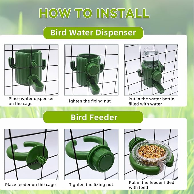 Bird Water Dispenser Automatic Bird Feeder for Cage Set, No Mess Parakeet Feeder for Parrots, Cockatiels, Finches, Budgies (3PCS, Green)