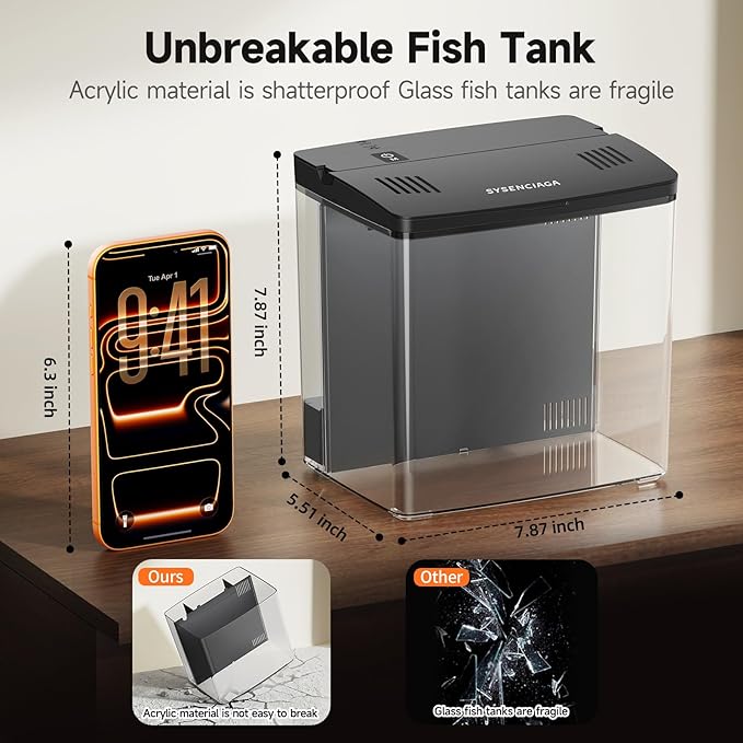 Desktop Fish Tank, 1.2 Gallon Self-Cleaning Smart Aquarium with Filter & 5-Color LED Light, Auto-Cycling Quiet Pump for Betta, Shrimp, Guppy, Goldfish