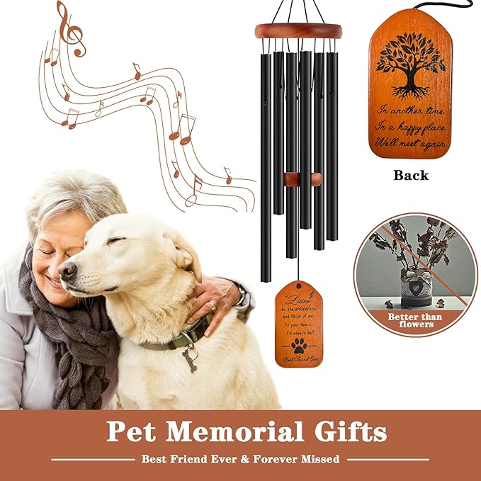 Dog Memorial Gifts, 28" Black Tombstone Dog Sympathy Wind Chime, Pet Memorial Pet Loss Remembrance Passing Away Gift