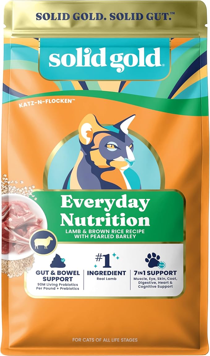 Solid Gold Dry Cat Food for Indoor Cats of All Ages - W/Lamb, Brown Rice, Barley, Probiotics & Fiber for Gut Health- Holistic & Healthy Cat Kibble for Kittens & Adults - Dry Kibble for Cats - 4 LB