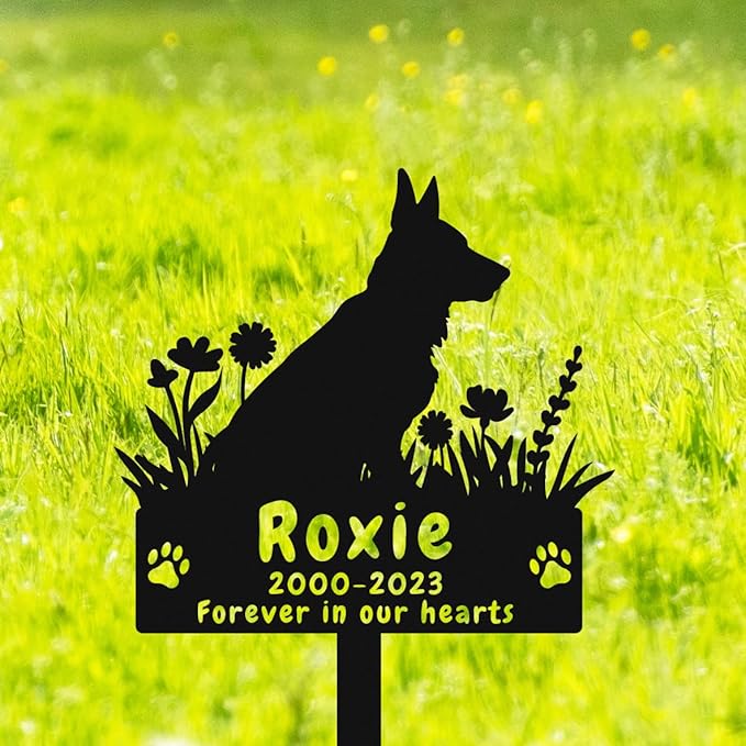 Custom Dog German Shepherd Memorial Grave Marker Metal Dog Burial Stake, Personalized Flowers Dog Memorial Garden Stake, German Shepherd Dog Grave Marker for Outdoors Memorial Dog Plaque