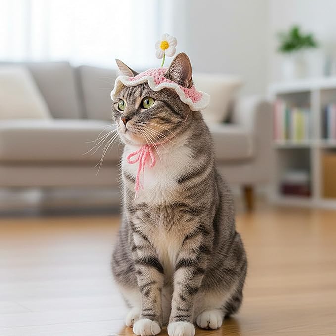 Cat Hat Cute Pink Flower Costume Hats for Cats, Cat Part Hat with Ear Holes and Adjustable tie Soft Washable Outfits Hats for Parties Birthday