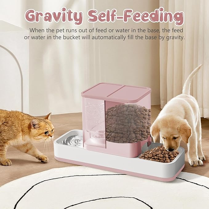 Automatic Cat Feeder and Water Dispenser, 2 in 1 Gravity Pet Food Feeder and Water Dispenser Detachable Cat Food Dispenser for Small Dogs and Cats, Pink