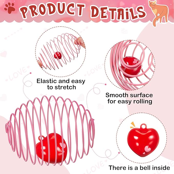 Jecery 5 Pcs Cat Spring Balls Toys Stretchable Rolling Balls Colorful Playful Coils Interactive Action Toy Caged Rats for Kitten Pet Supplies (Heart Bel,Pink Red)