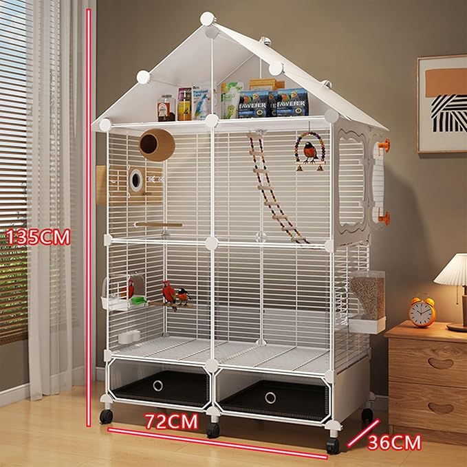 Large Parrot Cage with Acrylic Doors, 4 Casters, Perch & Feeder, Detachable Drawer, Ideal for Cockatiels, Budgies, Conures, Indoor/Outdoor Use – Spacious White Birdcage (White, 72x36x135cm)