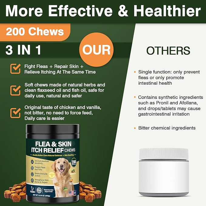 Omega 3-Dog Flea and Tick Prevention Allergy Chews for Dogs Treatment Chewable Natural Flea and Tick Skin and Coat Supplement Immune Dog Chews Yeast Relief Prevention for Dogs Itching and Licking
