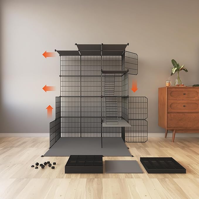 Large 4-Tier Cat Cage Indoor, DIY Cat Enclosures Detachable Metal Wire, Indoor Cat Crate Exercise Place Ideal for Kitty, Small Animals (Black, 41.3" L x 14" W x 55" H, 1)