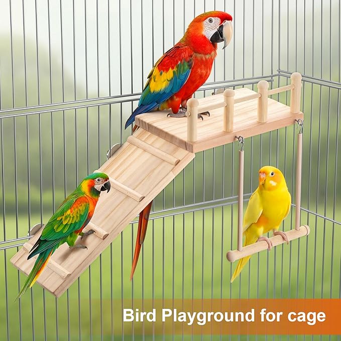 Wooden Bird Habitat Platform with Swing and Ladder - Sturdy Long Tailed Parrot cage Accessory, Suitable for Exercising and Entertaining Bird Games Gym - Perfect for Parrots, Canaries, Sparrows