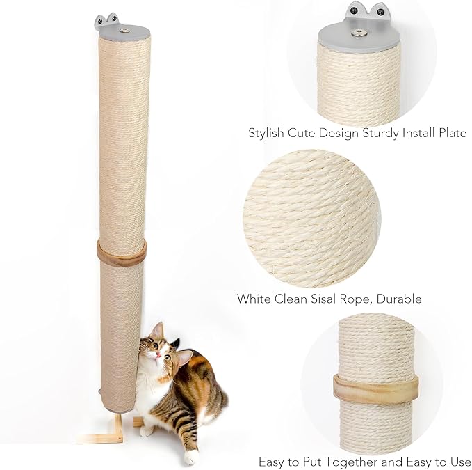 ESPETS 34'' Tall Sisal Rope Cat Scratching Post, Wall Mount 2 Ties Cat Pole - Vertical Cat Wall Scratcher, Cat Wall Furniture