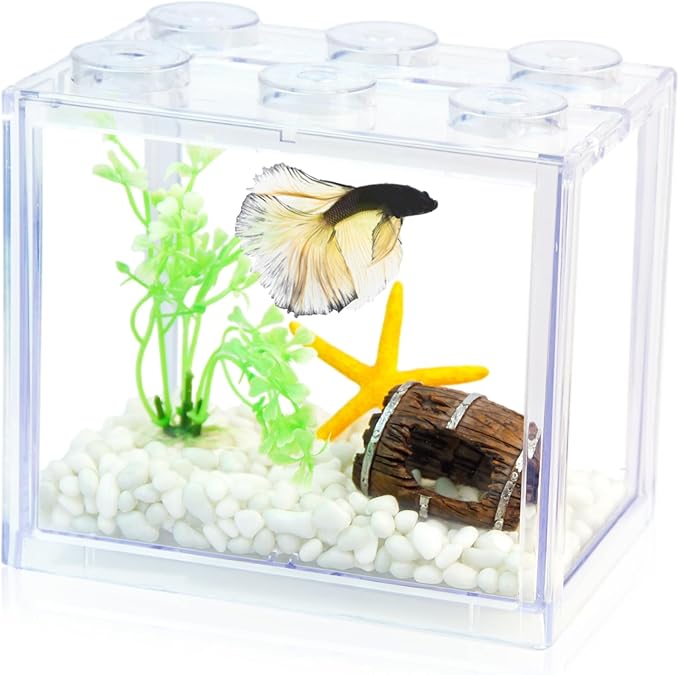 Small Betta Fish Tank, Stackable Mini Fish Tank Tiny Aquarium Tank Kit with Aquarium Gravel & Resin Decorations, 0.6 Gallon Cube Desktop Fishbowl for Snails, Crabs, Starfish (Clear)