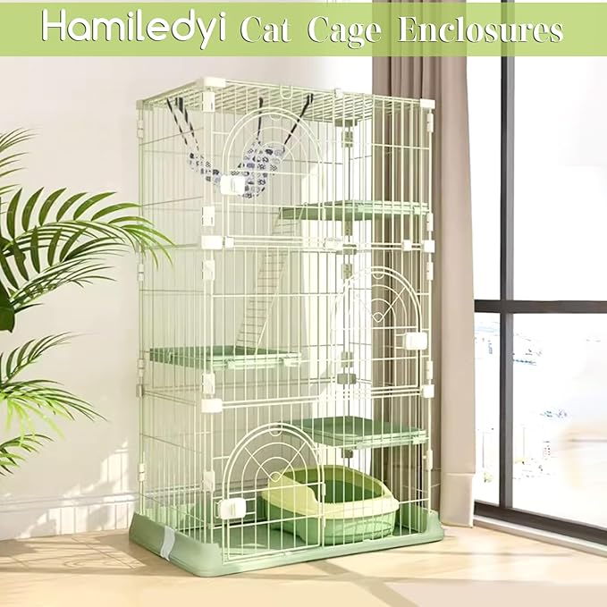 Hamiledyi Large Cat Cage 52 Inch Detachable Kennel with 3 Platforms and 1 Ramp Ladders Green Pet Playpen with 3 Doors Indoor Cat Enclosure for Small and Medium Animals