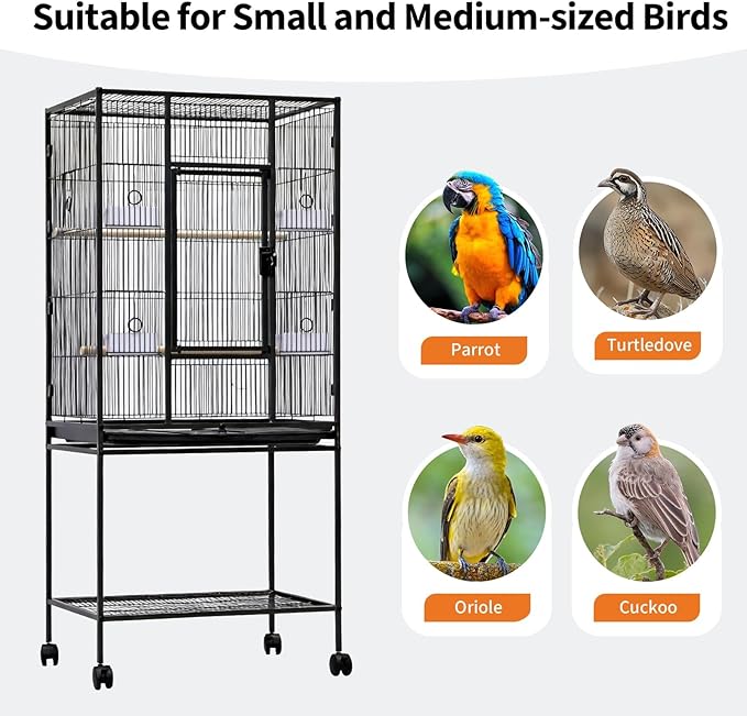 Wide Large Bird Cage with Rolling Stand and Storage – 54" Tall Parrot Cage for Parakeets, Cockatiels, Conures, Cockatoos – Black Flight Cage with Feed Bowls – Ideal for Medium-Large Birds