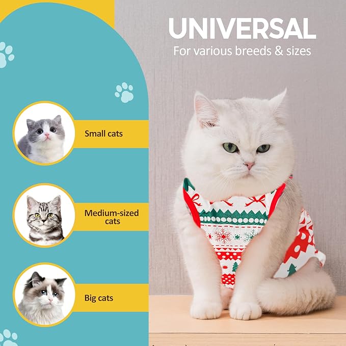 Avont Cat Recovery Suit - Kitten Onesie for Cats After Surgery, Cone of Shame Alternative Surgical Spay Suit for Female Cat, Post-Surgery or Skin Diseases Protection -Christmas(S)