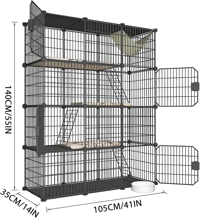 Large 4-Tier Cat Cage Indoor, DIY Cat Enclosures Detachable Metal Wire, Indoor Cat Crate Exercise Place Ideal for Kitty, Small Animals (Black, 41.3" L x 14" W x 55" H, 1)