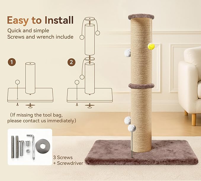 5-Inch Thick Sisal Cat Scratching Post, 36" Tall Scratch Tower with 6.5" Top Perch and Large 20.8×15.9" Stable Base, Durable Cat Scratcher for Indoor Cats, Brown