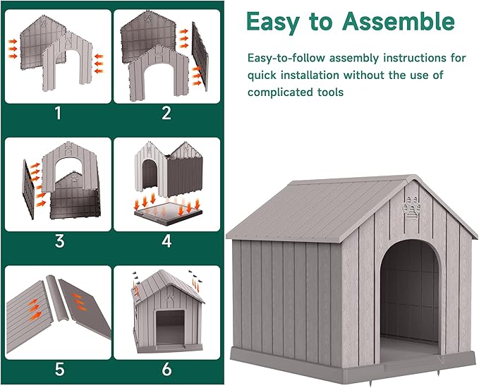 DRATO Large Dog House Indoor Outdoor Waterproof,Puppy Shelter with Air Vents and Elevated Floor,Sturdy Dog Kennel for Small to Large Sized Dogs, Easy to Assemble (Grey, 38.62×36.26×38.07 Inches)
