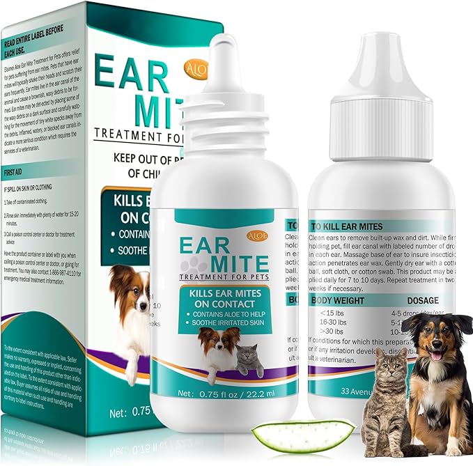 Ear Mites Clean for Dogs & Cat, with Aloe Vera, Cleaner on Contact & Soothes Itching, Vet-Recommended Formula for Pets Ear Cleaning, Fast-Acting