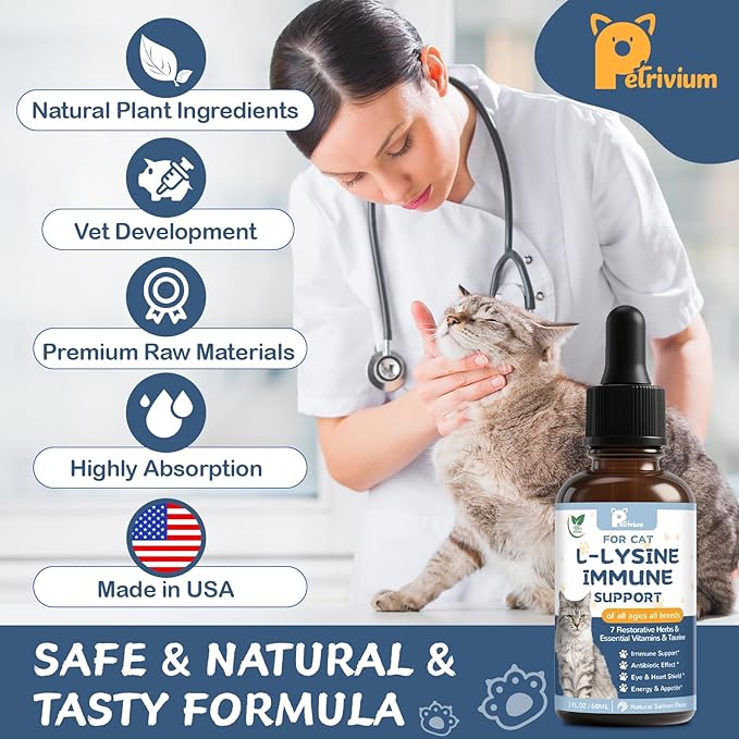 L-Lysine Supplement for Cats - Vitamins & Taurine for Immune Support & Allergy Relief - Lysine for Respiratory, Sneezing, Runny Nose, Eye Function - Natural Cat Antibiotic Drops - 60ML Slamon Flavor
