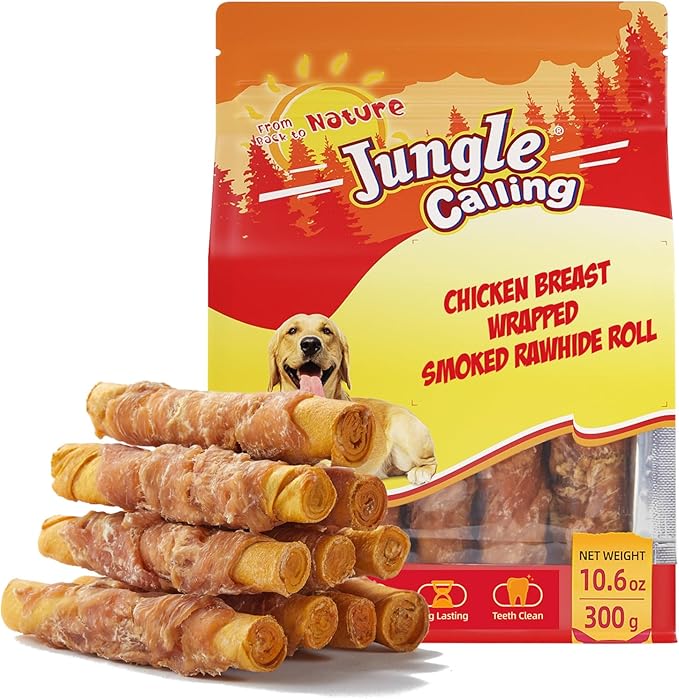 Jungle Calling Dog Treats Smoked Chicken Wrapped Rawhide Rolls, High Protein Dog Chews, Rawhide Chews for Medium and Large Dogs, 10.6 Oz, About 10 Count