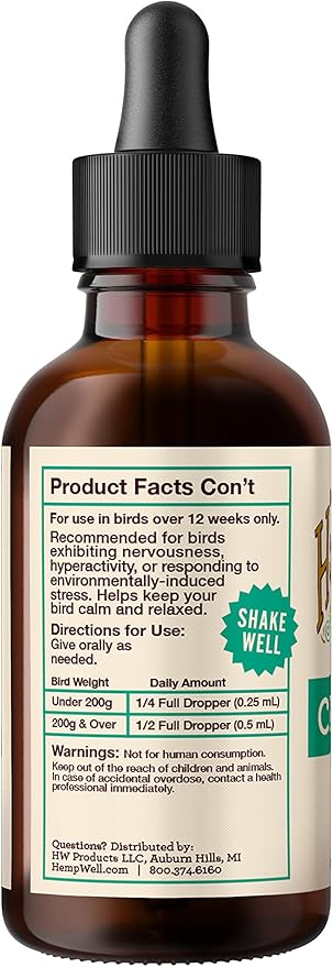 Hemp Well Calm Bird Oil — Relieves Anxiety, Calms and Relaxes Your Bird, Reduces Destructive Behavior, Organically Sourced – 2 Ounces