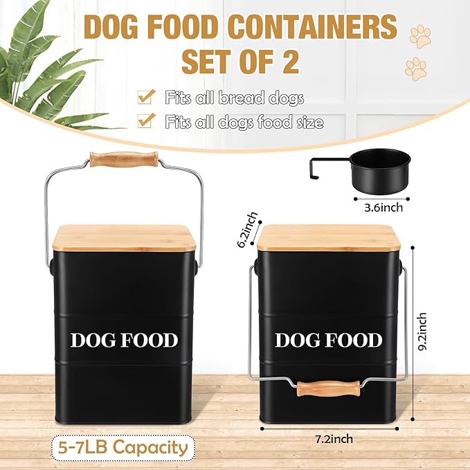 Tioncy 2 Pcs Metal Dog Food Storage Containers Total 10-14 Lbs (50 Cup) Capacity, Airtight Pet Food Canister with Bamboo Lids Scoop DIY Labels Dog Treat Storage Jars for Kitchen Counter(Matte Black)