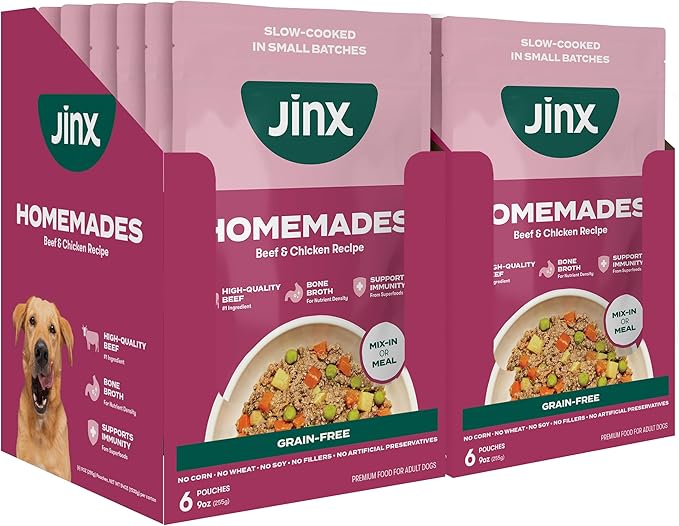 Jinx Beef & Chicken Wet Dog Food Topper, Mix with Dry Dog Food, Made with Real Beef & Chicken, Bone Broth, No Fillers - Puppy, Adult, Senior, 9oz, 12 Pack