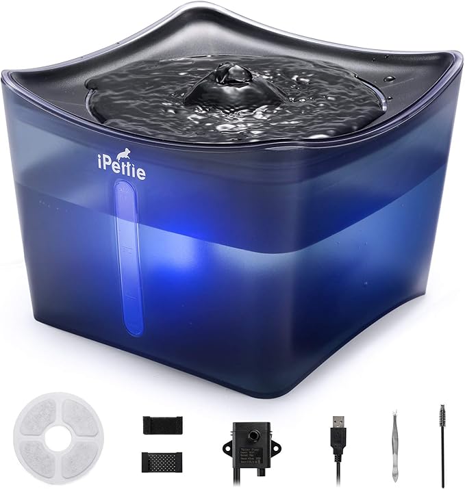 iPettie Kamino Pet Water Fountain, 101oz/3L, Ultra-Quiet Automatic Cat Water Dispenser with LED Light & Water Level Window, Auto Power Off USB Pump & Dual Filters for Cats and Dogs, Translucent Blue