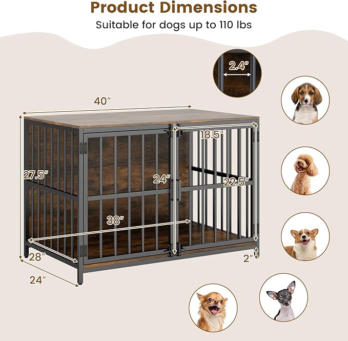 PETSITE 40 Inch Industrial Dog Crate Furniture, Heavy Duty Wooden Dog Kennel with Double Lockable Doors, Decorative Dog Cage End Side Table for Small and Medium Sized Dogs (Rustic Brown)