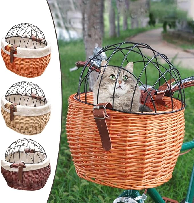 Wicker Bike Basket for Small Dogs Cats Pet Carrier Front Basket with Wire Mesh Cover (Honey Color)