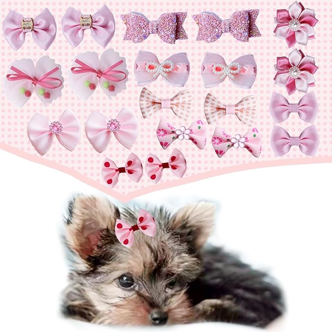 20pcs Light Pink Small Puppy Dog Hair Bows with Rubber Bands, Flower Ball Bowknot Rhinestone Pearls Hair Ties Mix Style for Dog Hair Accessories
