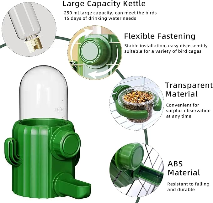 Bird Water Dispenser Automatic Bird Feeder for Cage Set, No Mess Parakeet Feeder for Parrots, Cockatiels, Finches, Budgies (3PCS, Green)