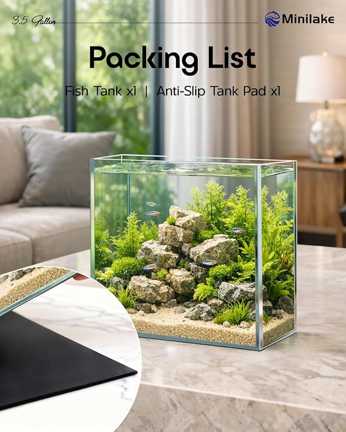 3.5 Gallon Clear Glass Fish Tank, Aquarium Fish Bowl Ultra Clear Rimless Design for Betta Goldfish Snails Shrimp Aquatic Planting