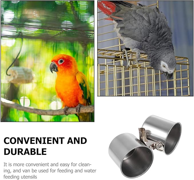 POPETPOP 2pcs Stainless Steel Bird Feeder Bowls with Clamp 5.5cm and 7cm Feeding Cups for Parrots and Small Birds for Feeding and Watering Supplies
