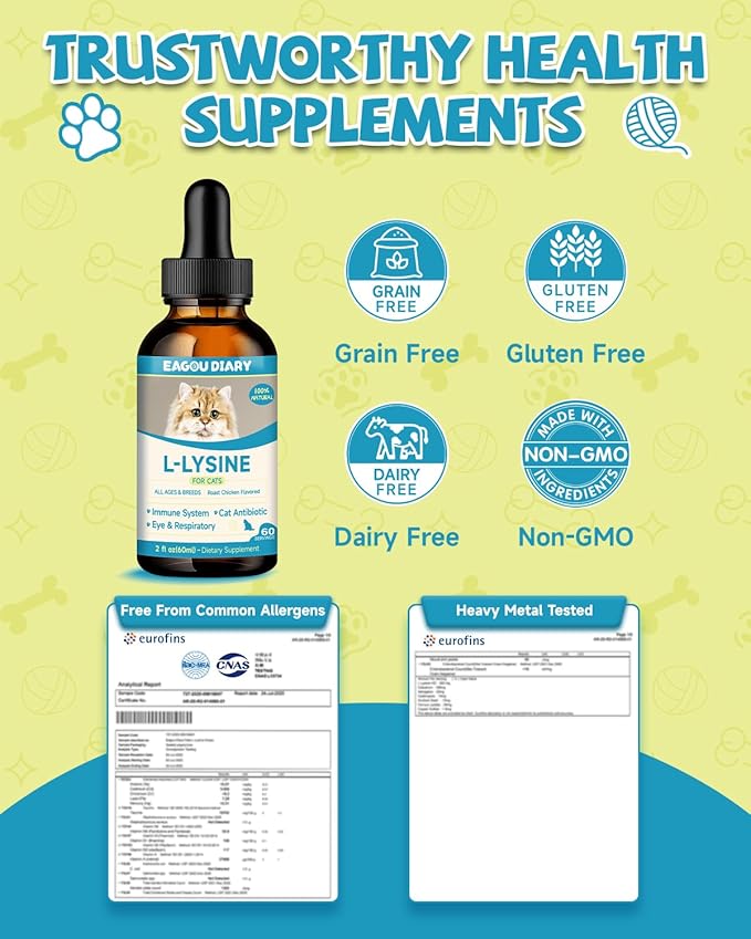 L-Lysine for Cats,Lysine Drops Immune Support Supplement,Sneezing,Cold,Allergy Relief,Runny Nose,Feline Respiratory,Natural Antibiotics for Cats with Colostrum,Taurine (Roast Chicken Flavor/2floz)