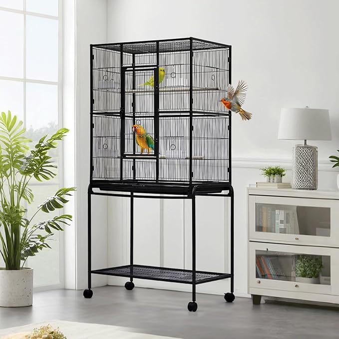 Extra Tall Large Bird Cage with Stand – 62" Flight Cage on Wheels for Parakeets, Parrots, Conures, Lovebirds, Cockatiels – Sturdy Metal Aviary, Black – Spacious Home for Birds – Model