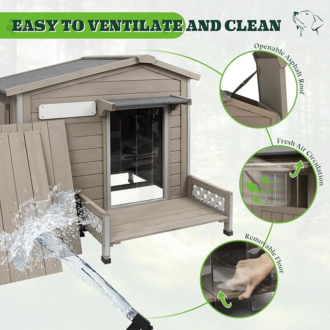 Dog House Outdoor Weatherproof & Wooden Indoor Dog Kennel with Chew-Proof Iron Frame，Removable Floor, Recreational Steps and Adjustable Window, Easy Assembly(Gray,34" L × 28" W × 28" H)