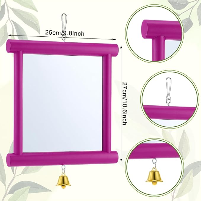 Sadnyy 1 Pcs Chicken Mirror Toys Extra Large 10.6 x 10 Inch Big Hanging Swing Mirror with Bell Wooden Pecking Toy for Hens Birds Parrots Coop Roosters (Square,Rose Red)