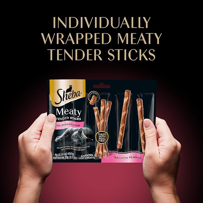 Sheba Meaty Tender Sticks Chicken Cat Treats, Salmon Flavor, Cat Snacks, 0.14 oz., 5 Count, Pack of 10 (50 Sticks Total)