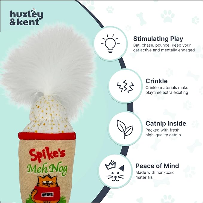 Huxley & Kent Plush Cat Toy - Holiday Interactive Catnip Toy for Cats & Kittens - Soft with Crinkle & Catnip - Fun Indoor Play - Meh Nog
