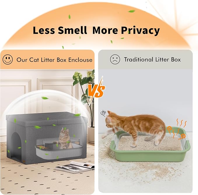 Cat Litter Box Enclosure Furniture for Odor Control, Hidden Cabinet Cats Litter Ottoman with Flip-Up Lid,Cat Litter Box Bench with Storage Space, Dog Proof(Grey, X-Large)