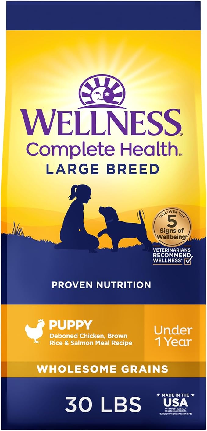 Wellness Complete Health Large Breed Adult Dry Dog Food, Wholesome Grain Kibble, Natural, Chicken, Brown Rice and Salmon Meal Recipe, 30 lb Bag