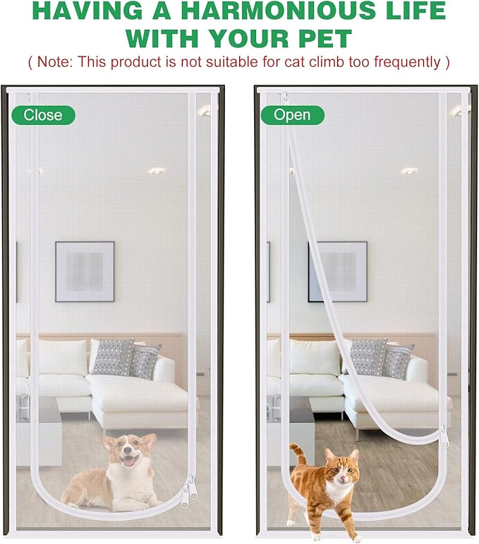 Reinforced Cat Screen Door, 35.5X82” Heavy Duty Pets Proof Screen Door with Bilateral Zipper, Prevent Dogs Cats Running Out from Home, Bedroom, Living Room, Kitchen Patio Doo