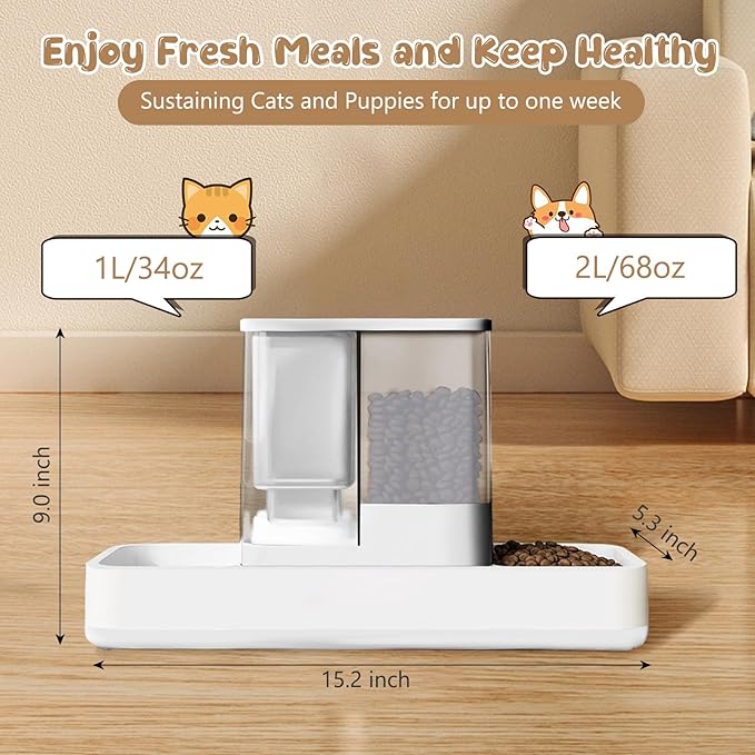 Automatic Cat Feeder and Water Dispenser, 2 in 1 Gravity Pet Food Feeder and Water Dispenser Detachable Cat Food Dispenser for Small Dogs and Cats, White